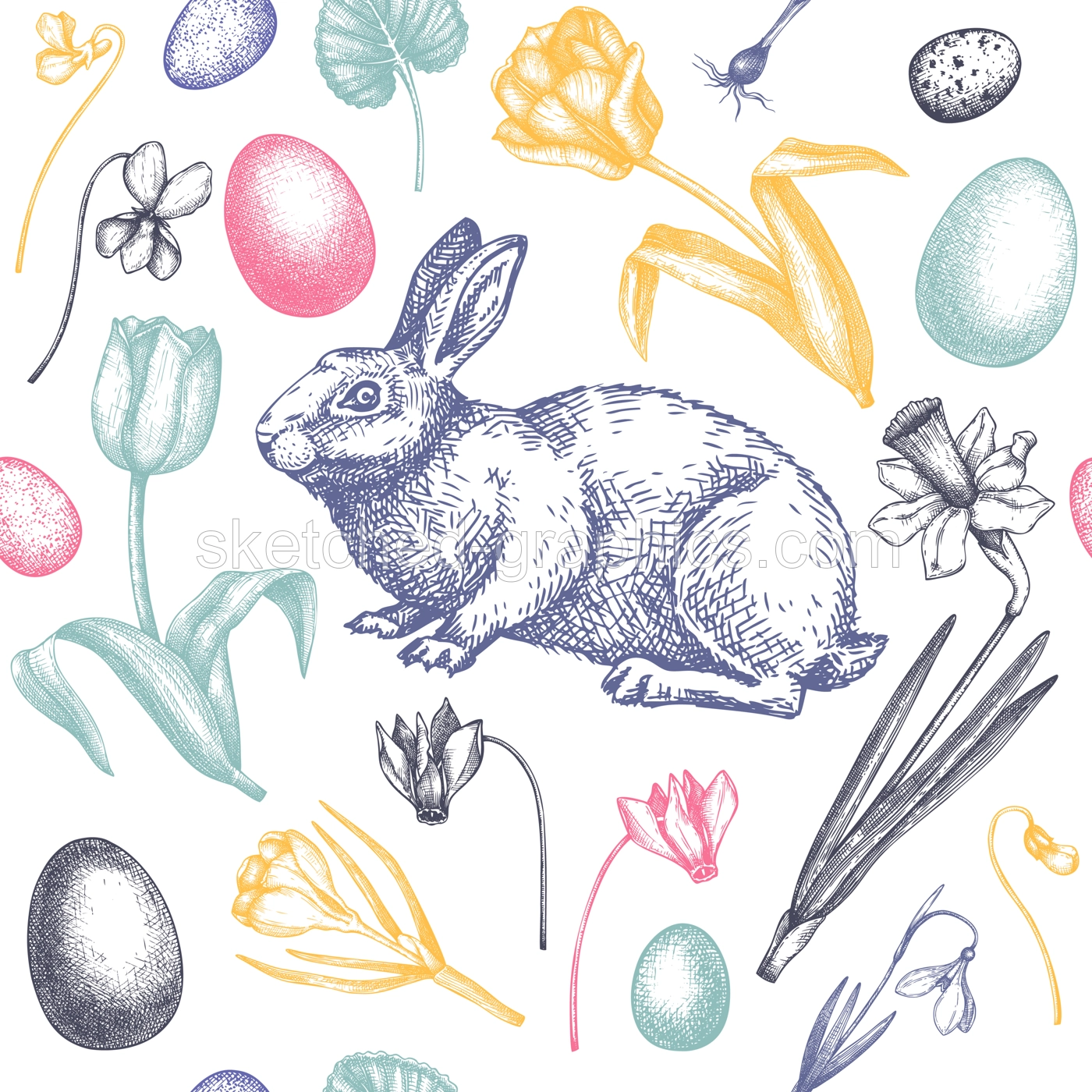 Easter seamless pattern. With spring flowers, eggs and rabbit hand-drawings. Hand-sketched botanical backdrop. Spring plants and animals sketches. Vector Easter background Illustration
